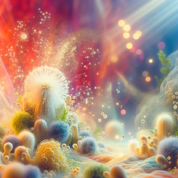 A whimsical, surreal landscape with a variety of brightly colored, organic shapes resembling mushrooms or flowers. The scene is filled with a magical glow. A high-quality AI-generated photo.