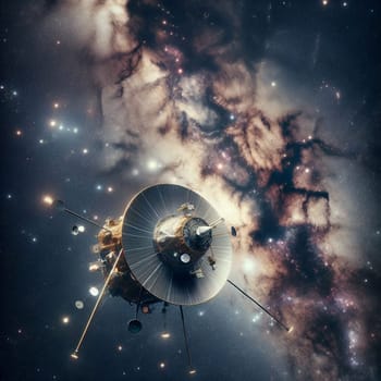 A spaceship in space, traveling through a field of stars and a nebula. The spaceship is golden and sleek, with a sense of wonder and exploration. A high-quality AI-generated photo.