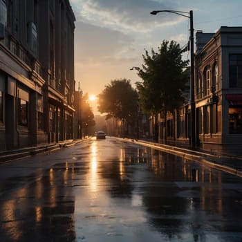 A street scene with a car driving down a wet road during sunrise. The image evokes a sense of tranquility and peace. A high-quality AI-generated photo.