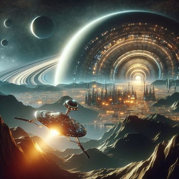 A futuristic cityscape on an alien planet, with a spaceship in the foreground. The city is surrounded by mountains, a lake, and a ringed planet in the sky. A high-quality AI-generated photo.