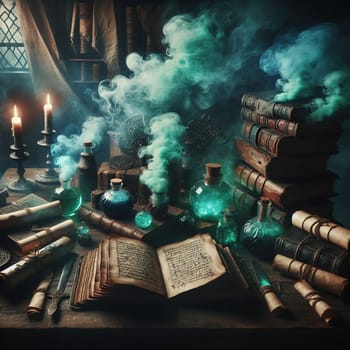 A dark, moody image of an old, wooden table filled with antique books, candles, and vials of glowing green liquid. The scene evokes a sense of magic and mystery. A high-quality AI-generated photo.
