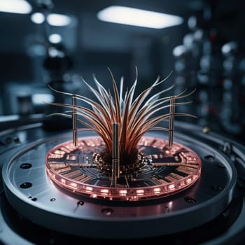 A close-up shot of a futuristic, bio-engineered plant growing on a circular platform with a glowing light underneath. The plant has long, thin leaves and a metallic sheen, suggesting a scientific experiment or advanced technology. A high-quality AI-generated photo.