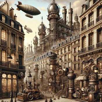 A steampunk-inspired city street, featuring ornate buildings with gears and clockwork details. The street is lined with steam-powered vehicles. A high-quality AI-generated photo.