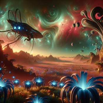 A fantastical alien landscape with a futuristic spaceship in the foreground. The sky is filled with colorful nebulae and glowing orbs. A high-quality AI-generated photo.