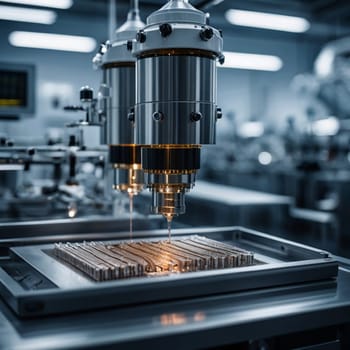 A close-up shot of two robotic arms in a factory setting. The arms are precisely dispensing liquid into a series of containers. A high-quality AI-generated photo.
