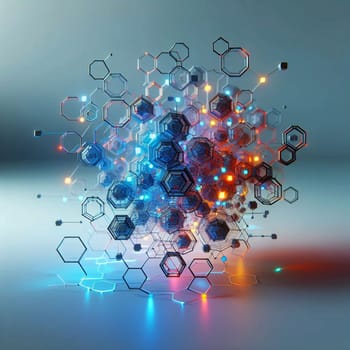 A 3D illustration of a geometric structure with glowing lights and connected by lines. The structure resembles a network or a constellation. A high-quality AI-generated photo.
