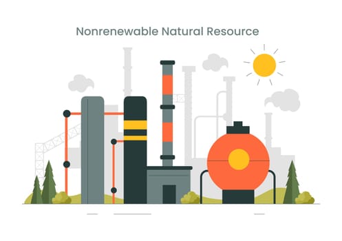 Nonrenewable Natural Energy Resources Vector Illustration Featuring Nuclear, Petroleum, Oil, Natural Gas, and Coal Fuels in a Flat Style Background