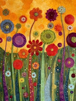 A fantastic world with flowers, trees and people. AI generative.