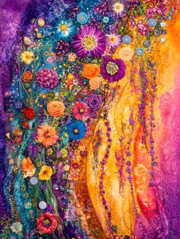 A fantastic world with flowers, trees and people. AI generative.