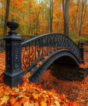 Red wooden bridge, autumn maple leaves. AI generative.
