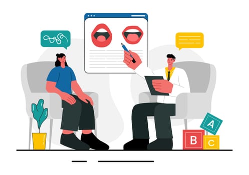 Speech Therapy Vector Illustration featuring a Therapist Teaching Basic Language Skills and Addressing Articulation Problems in an Educational