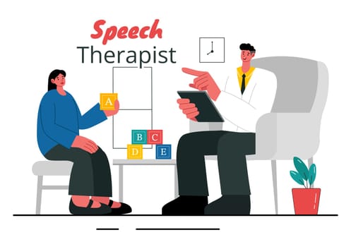 Speech Therapy Vector Illustration featuring a Therapist Teaching Basic Language Skills and Addressing Articulation Problems in an Educational