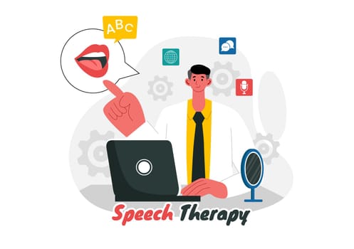Speech Therapy Vector Illustration featuring a Therapist Teaching Basic Language Skills and Addressing Articulation Problems in an Educational
