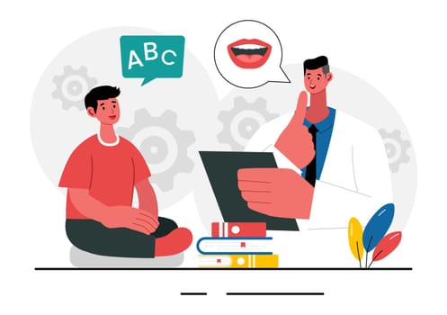 Speech Therapy Vector Illustration featuring a Therapist Teaching Basic Language Skills and Addressing Articulation Problems in an Educational