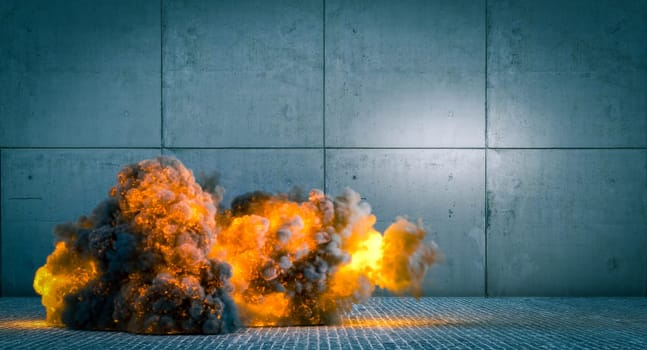 Fireball  exploding near  concrete wall,  large cloud  black smoke 3d