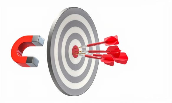 Horseshoe magnet  attracting darts on  target, influence concept 3d background