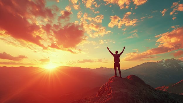 A man celebrates victory on a mountain peak as the sun sets, symbolizing personal achievement and success. The stunning backdrop of the fading sun enhances the triumphant moment, capturing the essence of overcoming challenges and reaching new heights.