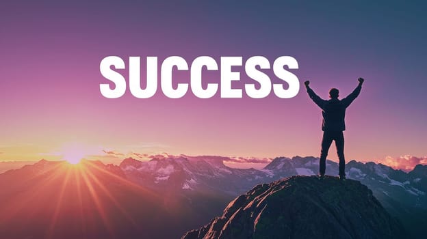 A powerful image of a man standing victoriously on a mountain top at sunset, arms raised in celebration. The word "SUCCESS"" is boldly displayed above him, symbolizing achievement, determination, and triumph over challenges. The warm colors of the setting sun add to the sense of accomplishment and inspiration."