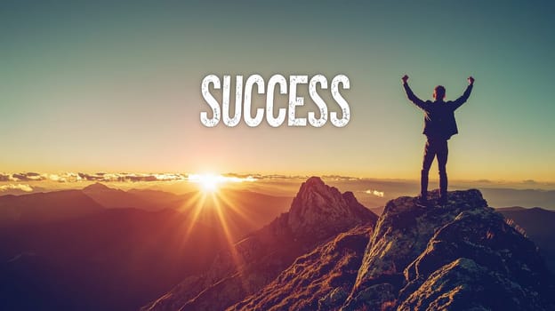 A powerful image of a man standing victoriously on a mountain top at sunset, arms raised in celebration. The word "SUCCESS"" is boldly displayed above him, symbolizing achievement, determination, and triumph over challenges. The warm colors of the setting sun add to the sense of accomplishment and inspiration."