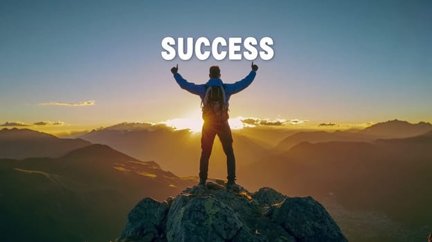 A powerful image of a man standing victoriously on a mountain top at sunset, arms raised in celebration. The word "SUCCESS"" is boldly displayed above him, symbolizing achievement, determination, and triumph over challenges. The warm colors of the setting sun add to the sense of accomplishment and inspiration."