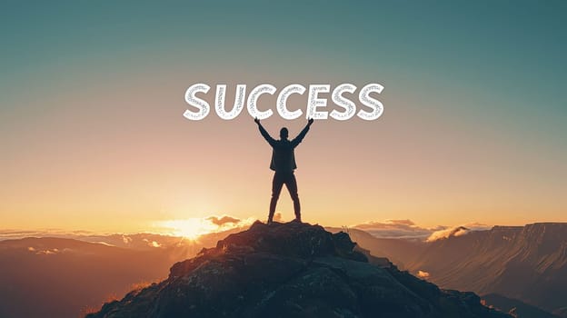 A powerful image of a man standing victoriously on a mountain top at sunset, arms raised in celebration. The word "SUCCESS"" is boldly displayed above him, symbolizing achievement, determination, and triumph over challenges. The warm colors of the setting sun add to the sense of accomplishment and inspiration."
