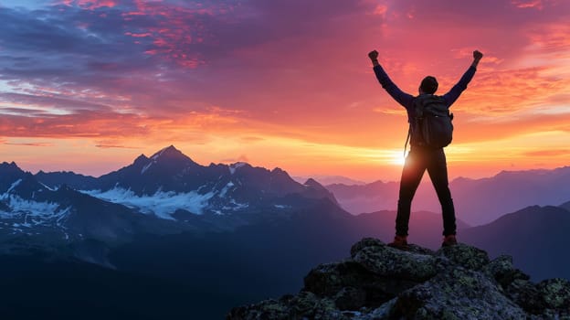 A man celebrates victory on a mountain peak as the sun sets, symbolizing personal achievement and success. The stunning backdrop of the fading sun enhances the triumphant moment, capturing the essence of overcoming challenges and reaching new heights.