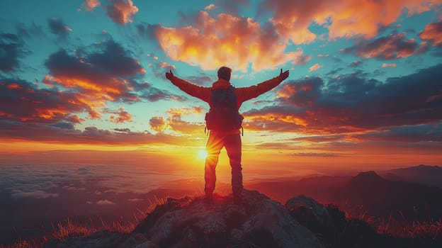 A man celebrates victory on a mountain peak as the sun sets, symbolizing personal achievement and success. The stunning backdrop of the fading sun enhances the triumphant moment, capturing the essence of overcoming challenges and reaching new heights.