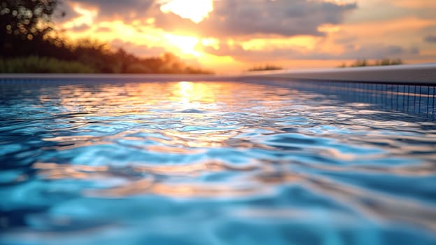 A tranquil close-up of rippling water in a modern swimming pool, capturing the soft reflections of the sky. The gentle movement of the water creates an inviting, peaceful atmosphere, evoking a sense of calm and relaxation. The serene scene highlights the interplay between light, water, and nature.