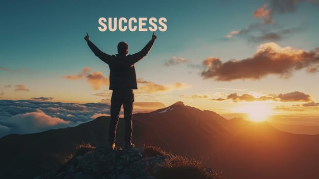A powerful image of a man standing victoriously on a mountain top at sunset, arms raised in celebration. The word "SUCCESS"" is boldly displayed above him, symbolizing achievement, determination, and triumph over challenges. The warm colors of the setting sun add to the sense of accomplishment and inspiration."