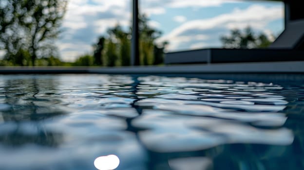 A tranquil close-up of rippling water in a modern swimming pool, capturing the soft reflections of the sky. The gentle movement of the water creates an inviting, peaceful atmosphere, evoking a sense of calm and relaxation. The serene scene highlights the interplay between light, water, and nature.