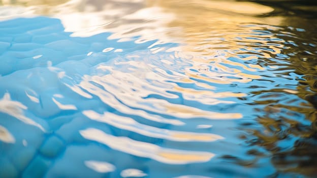 A tranquil close-up of rippling water in a modern swimming pool, capturing the soft reflections of the sky. The gentle movement of the water creates an inviting, peaceful atmosphere, evoking a sense of calm and relaxation. The serene scene highlights the interplay between light, water, and nature.