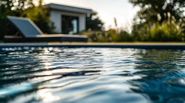 A tranquil close-up of rippling water in a modern swimming pool, capturing the soft reflections of the sky. The gentle movement of the water creates an inviting, peaceful atmosphere, evoking a sense of calm and relaxation. The serene scene highlights the interplay between light, water, and nature.