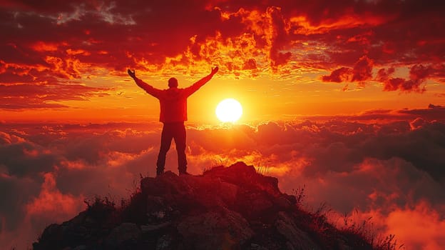 A man celebrates victory on a mountain peak as the sun sets, symbolizing personal achievement and success. The stunning backdrop of the fading sun enhances the triumphant moment, capturing the essence of overcoming challenges and reaching new heights.