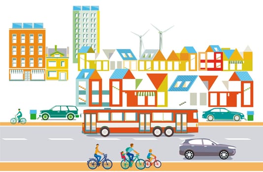 City silhouette of a green city, with bus, electric cars, cutout illustration
