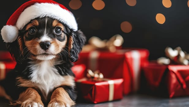 Cute Puppy with Santa Hat and Christmas Gifts