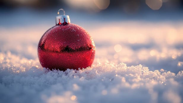 Red Christmas Bauble in Sparkling Snow at Sunset