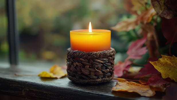 Burning Candle on Windowsill with Autumn Leaves, Cozy Fall Ambiance
