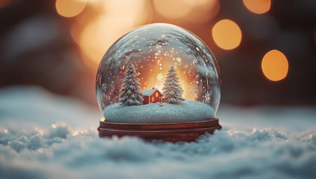 Christmas Snow Globe with Cozy House, Trees, and Falling Snow. Winter Holidays Concept