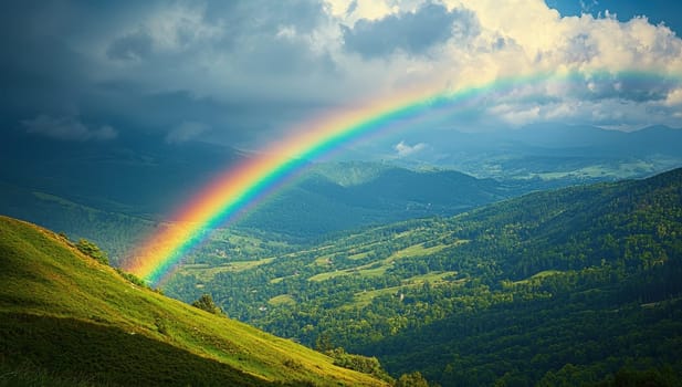 Rainbow over green mountain valley. Concept of hope, beauty, nature