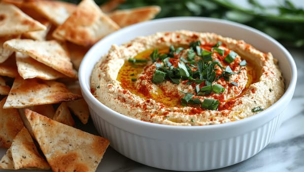 Homemade Hummus Dip with Pita Bread and Fresh Herbs