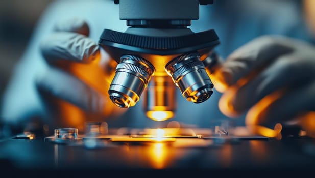 Microscope Lens Examining Sample, Scientific Research Concept