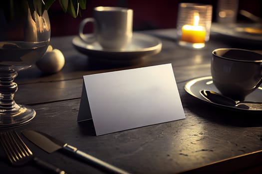 Blank paper table card on wooden table over bar blurry background