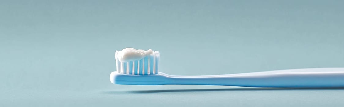 Toothbrush with toothpaste against solid color minimalist background with copy space, AI Generated
