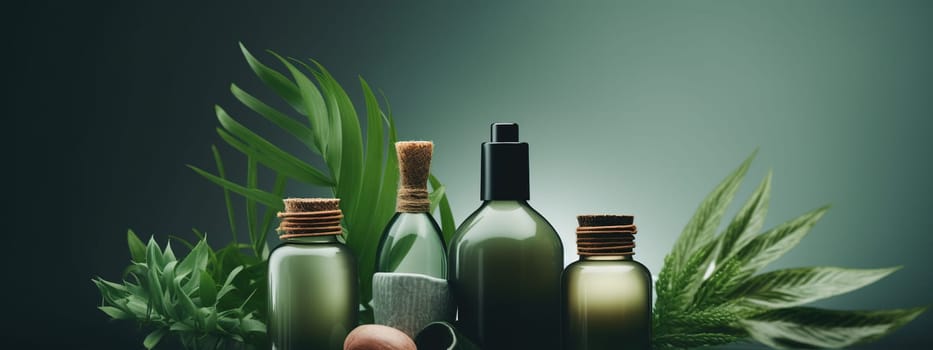 Natural skincare cosmetics bottles products with green plant banner background with copy space. Beauty and skin care herbal organic product deep hydration or soothing. AI Generative content