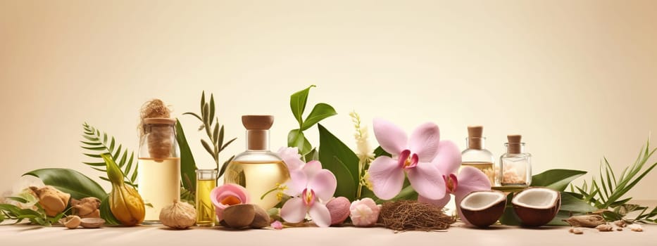 Natural skincare cosmetics bottles products with green plant banner background with copy space. Beauty and skin care herbal organic product deep hydration or soothing. AI Generative content