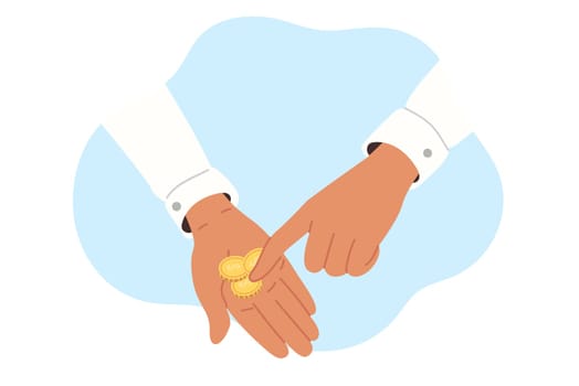 Coins in hands of poor man counting savings and money has to buy food or clothing. Poor man is experiencing financial difficulties due to crisis and recession causing inflation making life worse