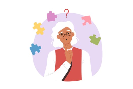 Dementia and memory impairment confuse elderly woman who needs pills to improve brain function. Problem of dementia caused by old age, in gray-haired lady standing among puzzle pieces