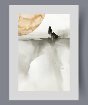 Mysterious night watercolor landscape with fragment giant moon above earth with lonely hermit house. Mysterious painting with nightime to decorate interior of apartment of traveler who loves hiking
