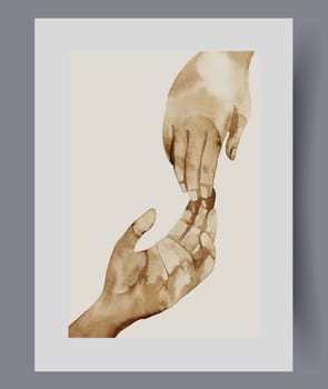 Hands of people strive for unity and want to be together on print. Watercolor poster. Artwork with like-minded people demonstrating readiness for synergy, in frame with decor for wall art