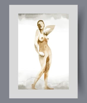 Naked woman takes erotic pose, proud of having beautiful body on print. Watercolor poster. Artwork with naked girl model drawn by artist in nude style, in frame with decor for wall art